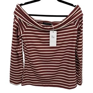 NWT Women's Size Large off-the-shoulder, Soft Striped Top Blouse Rust and Cream
